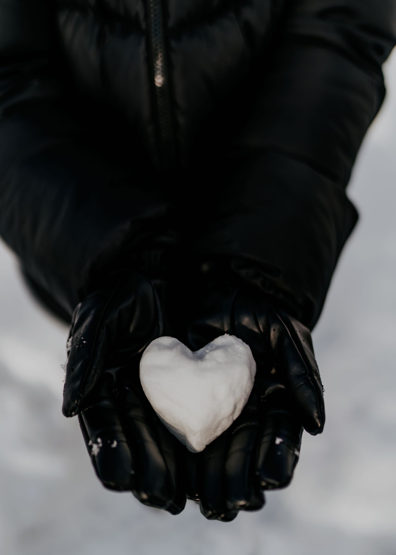 Gloved hands holding snow during cold weather